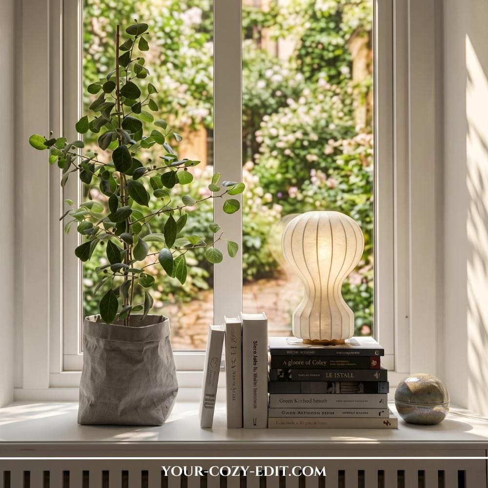 A brightly lit white windowsill featuring a cozy and creative interior decor setup. On the left, a tall, leafy green houseplant grows in a rustic, gray fabric planter sack. In the center, several design books are arranged both vertically as bookends and horizontally in a stack, which serves as a pedestal for a glowing, ribbed statement table lamp. To the right, a small, round ceramic or stone sphere sits near the window pane, looking out onto a lush, sun-dappled green garden filled with white flowers.