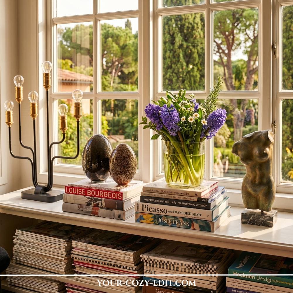 A bright, white windowsill beautifully styled with a rich, art-infused collector's decor theme under natural light. On the left, a modern, multi-bulb black and brass industrial lamp stands next to a stack of art books by Louise Bourgeois topped with two decorative mosaic egg sculptures. In the center, another stack of design books, including Picasso, serves as a pedestal for a vibrant glass vase filled with fresh purple hyacinths and daisies. To the right, a bronze female torso sculpture anchors the setup, looking out the multi-paned window onto a lush green garden with tall pine trees.