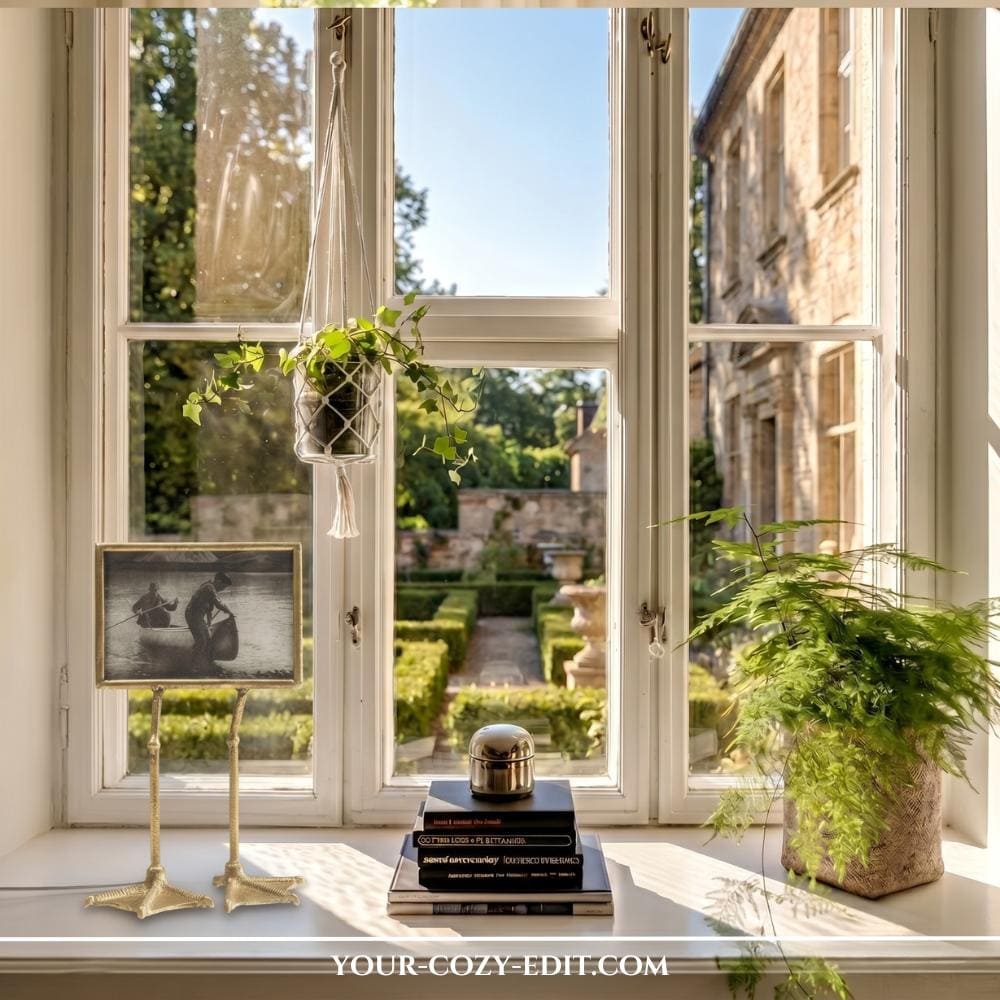 A bright, sunlit white windowsill beautifully styled with an earthy, plant-focused decor theme. On the left, a unique gold picture frame with bird-like legs holds a black-and-white photograph, while a small potted ivy plant hangs from a macramé hanger in the upper window frame. In the center, a gold container rests on a neat stack of dark books, creating a sleek focal point. To the right, a lush, feathery green fern sits in a woven jute basket, looking out onto a perfectly manicured European garden with stone paths and historic brick architecture.