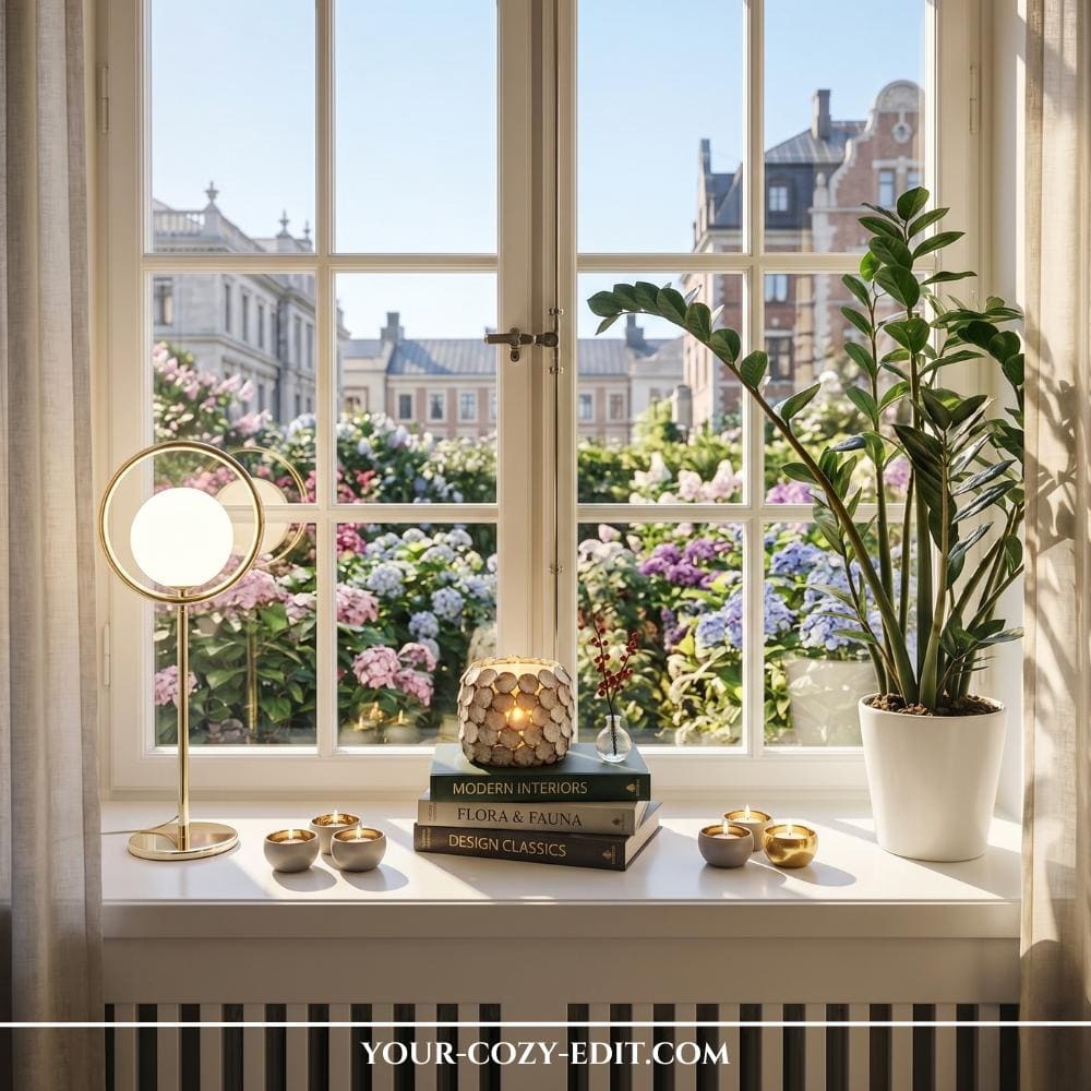 A beautifully styled white windowsill featuring a stack of coffee table books in the center topped with a mosaic candle holder. To the left, a modern gold circular lamp casts a warm glow, while a lush green ZZ plant sits in a white ceramic pot on the right. Small votive candles are scattered across the surface, creating a cozy and balanced aesthetic. In the background, large window panes look out onto a vibrant garden filled with purple and pink hydrangeas under bright daylight.