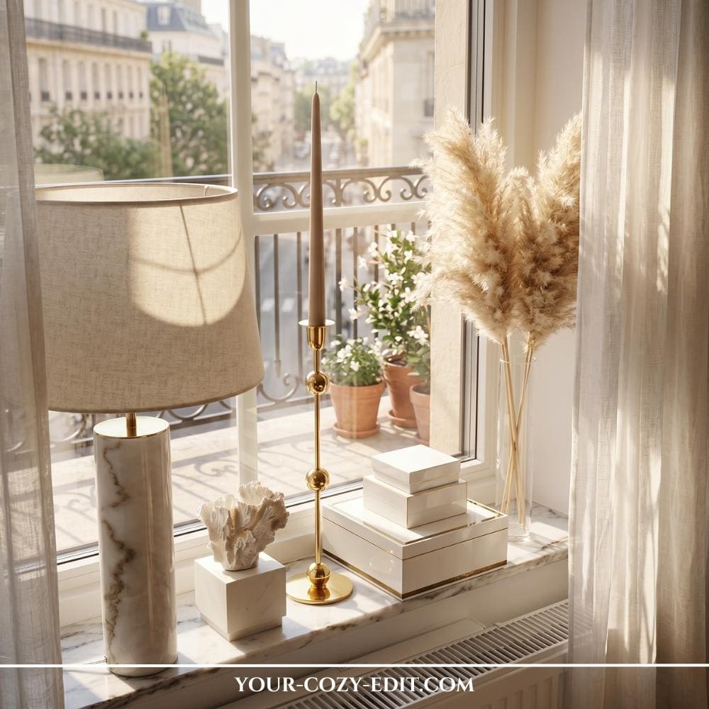 An elegant marble windowsill styled with a luxurious monochromatic cream and gold decor theme. On the left, a tall marble table lamp with a cream linen shade sits next to a small faux coral sculpture on a white pedestal and a slender, tall gold candlestick. In the center, a stack of glossy white lacquered boxes with gold trim adds a clean geometric element. To the right, a tall glass vase filled with fluffy, beige pampas grass softens the look, while the window opens up to a romantic, sunlit view of Parisian architecture and wrought-iron balconies.