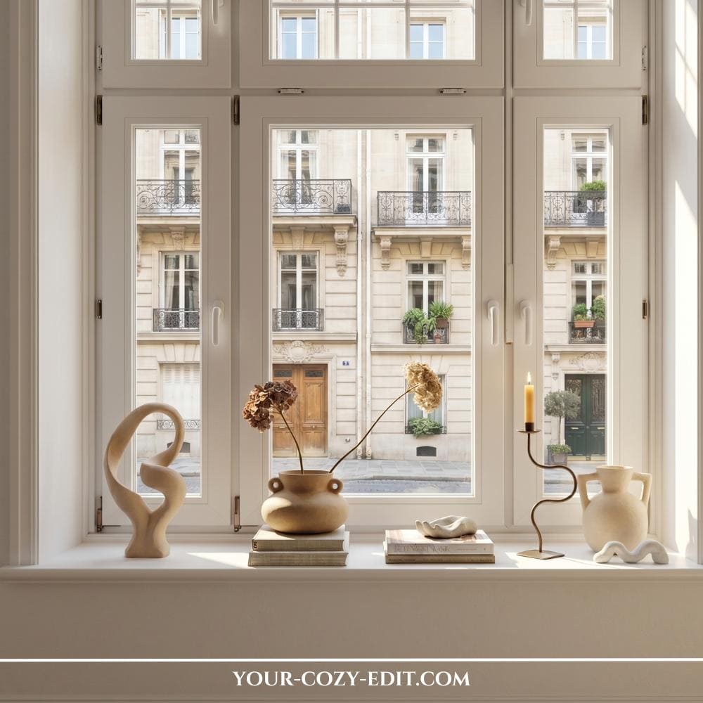 A minimalist white windowsill styled with a sophisticated, sculptural Wabi-Sabi decor theme under soft natural light. On the left, an abstract ceramic loop sculpture stands alongside a low terracotta vase with tiny handles holding dried hydrangea blooms resting on a book stack. The center features a unique wavy candlestick holding a lit taper candle and a textured cream ceramic pitcher. The grand, multi-paned window looks out onto a scenic, elegant street in Paris with classic sandstone architecture and wrought-iron balconies.