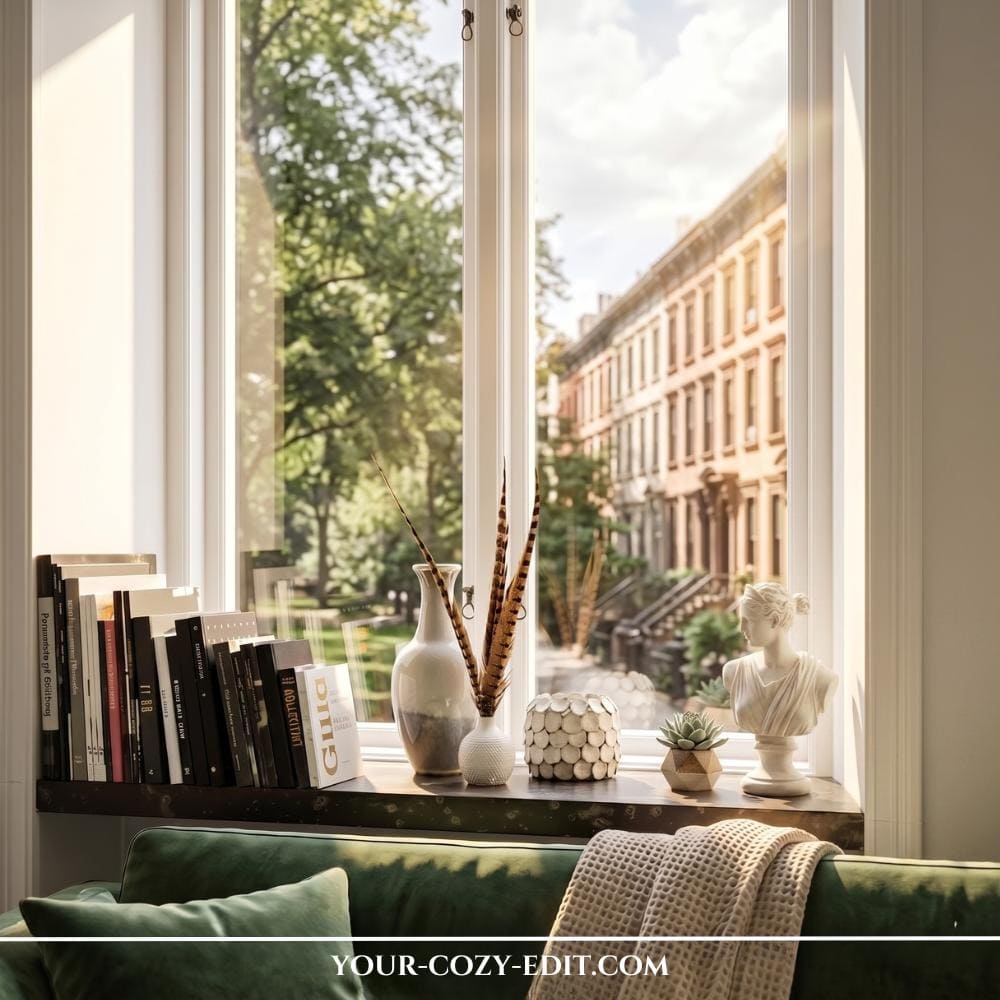 A sunlit windowsill beautifully styled with a cozy, literary Dark Academia theme just behind a rich green velvet sofa. On the left, a collection of books is lined up neatly across the ledge. In the center, a textured mosaic candle holder and a small geometric succulent pot sit next to ceramic vases, one of which holds tall, patterned pheasant feathers. To the right, a classical white bust sculpture anchors the vignette, looking out the large window onto a historic street lined with historic brick brownstone townhouses.
