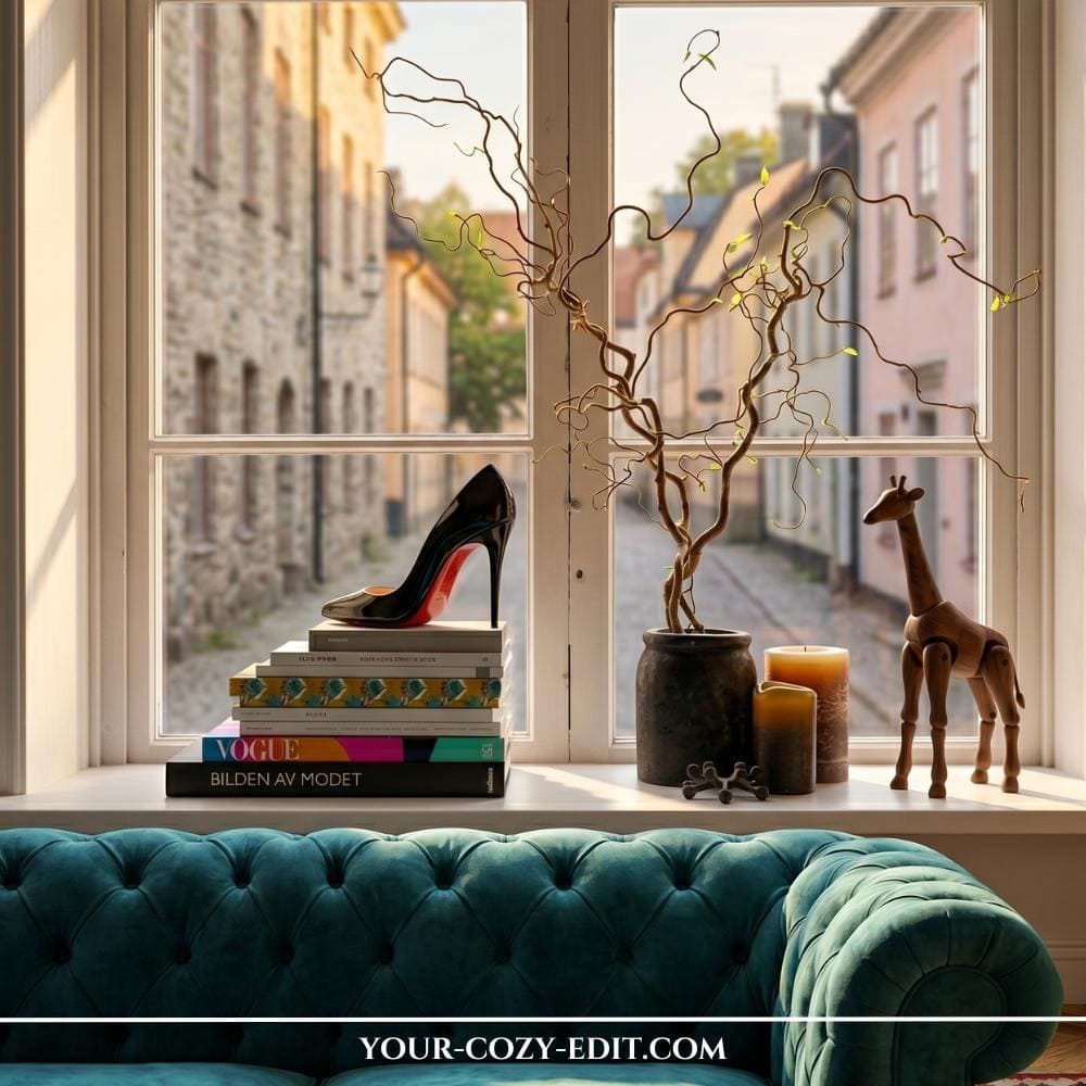 A bright, white windowsill artfully styled with a bold and eclectic fashion-forward decor theme behind a teal tufted velvet sofa. On the left, a single black patent leather high-heel stiletto with an iconic red sole is displayed as art on top of a stack of large fashion books, including Vogue. In the center, a dark textured ceramic pot holds tall, twisting curly willow branches next to two rustic amber pillar candles. To the right, a tall wooden giraffe figurine anchors the setup, looking out the large window onto a charming, sunlit European street with pastel-colored historic buildings.