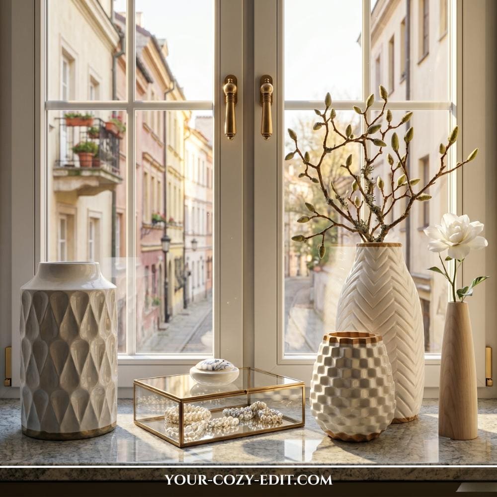 A bright marble windowsill styled with a selection of textured neutral vases and elegant gold accents. On the left, a tall cream ceramic vase with a diamond relief pattern stands next to a clear glass and gold jewelry box filled with pearl necklaces. To the right, a cluster of vases features a honeycomb-textured vessel, a tall chevron-patterned vase with budding branches, and a slender wooden vase holding a single white flower. The window panes reveal a picturesque, sunlit view of a historic European street with colorful pastel buildings and wrought-iron balconies.