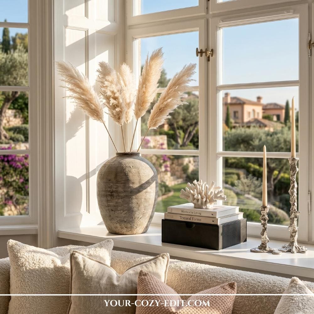 A bright white windowsill artfully styled with a warm, organic Wabi-Sabi decor theme behind a cozy bouclé sofa. On the left, a large, textured earthy clay vase holds several fluffy stalks of beige pampas grass that fan out beautifully in the sunlight. In the center, a white coral sculpture rests on a small stack of design books placed over a black decorative storage box. To the right, two unique, highly textured metallic silver candlesticks hold tall taper candles, looking out onto a stunning Mediterranean estate with olive trees and historic stone buildings under a clear blue sky.