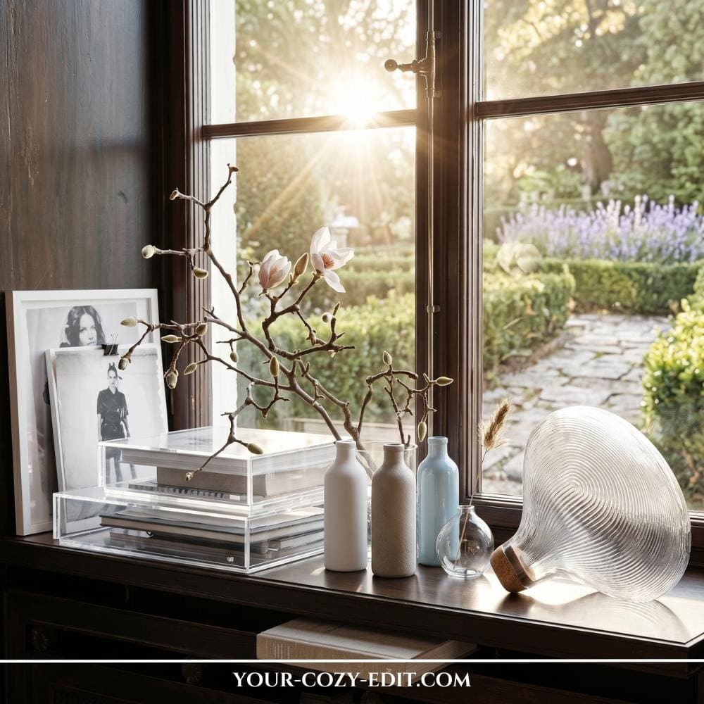 A dark wooden windowsill artfully styled with a high-end gallery aesthetic under bright, streaming sunlight. On the left, books are displayed inside stacked, clear acrylic boxes next to framed black-and-white fashion photography. In the center, a sculptural blooming magnolia branch stands in a cluster of small ceramic and glass vases in muted white, beige, and soft blue tones. To the right, a large, unique ribbed glass object with a cork stopper catches the golden hour light, looking out onto a lush green garden pathway with purple lavender.