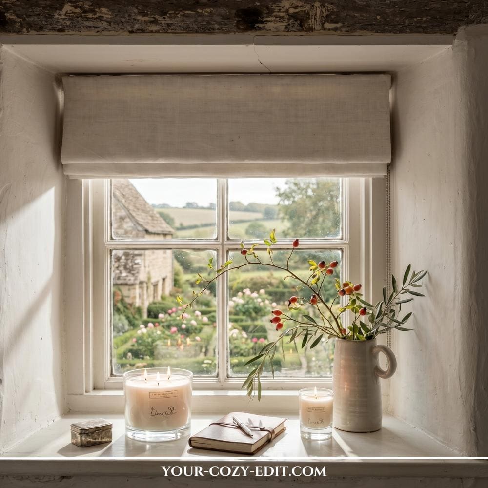 A deep, rustic white windowsill styled in a cozy English cottagecore aesthetic under soft morning light. On the right, a simple cream ceramic pitcher with a handle holds arched rosehip branches with red berries and delicate olive leaves. In the center, a leather-bound journal with a pen rests between a large, multi-wick jar candle and a smaller votive candle, both casting a warm glow. The small-paned window is framed by a linen Roman shade, looking out onto a picturesque country view of a stone cottage and a lush rose garden under a soft sky.