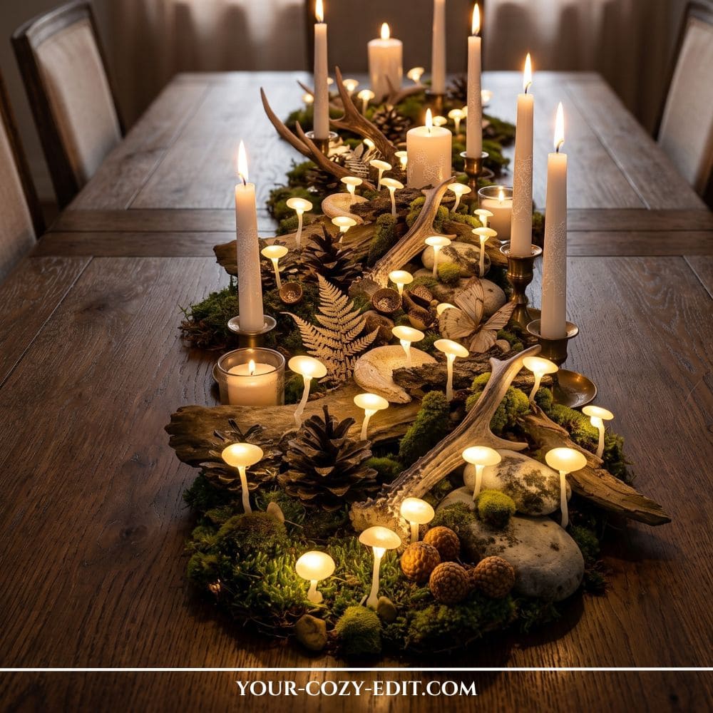 An enchanted DIY fall tablescape centerpiece on a long wooden dining table, featuring glowing hot glue mushrooms made with fairy lights, green moss, pinecones, antlers, and lit taper candles.