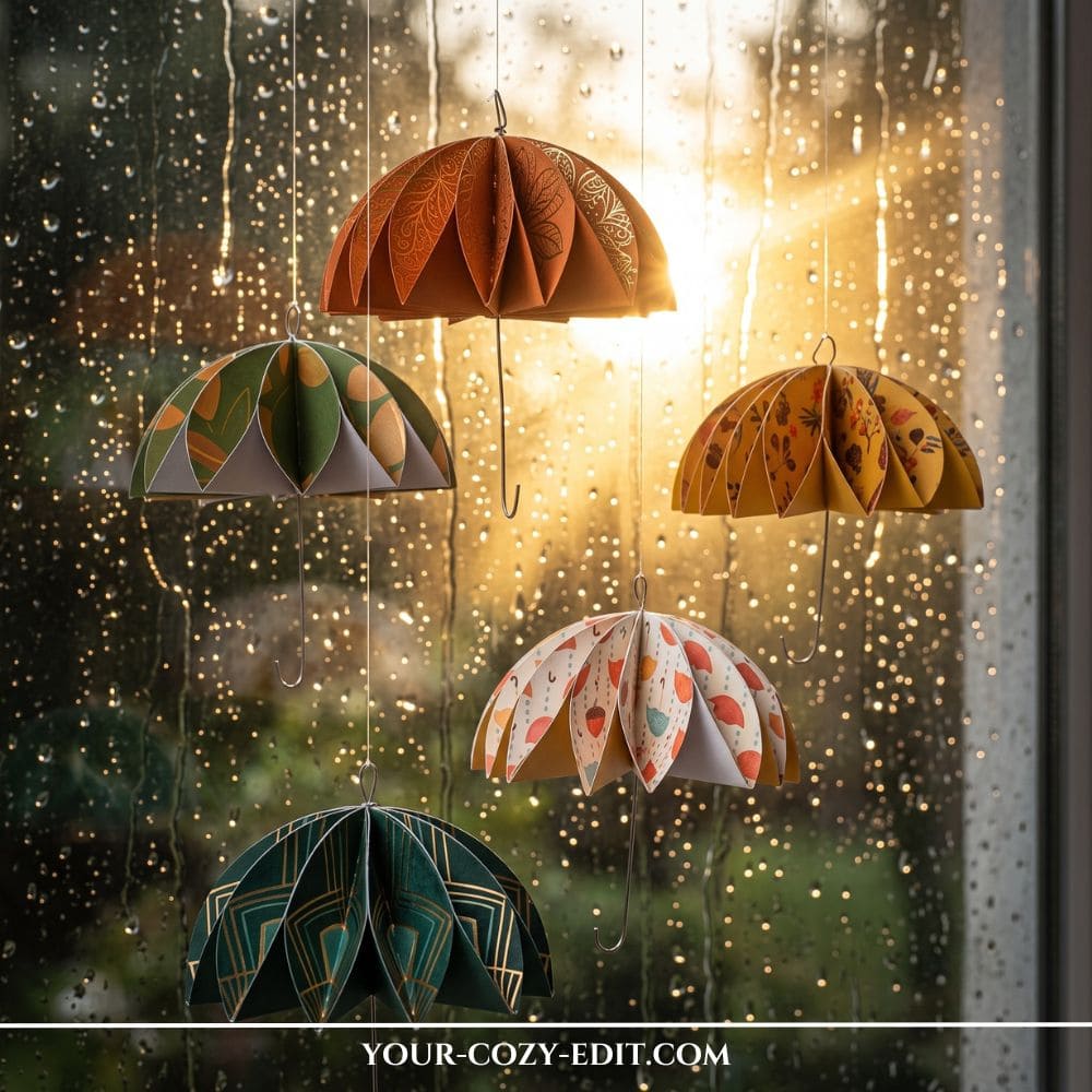 Five colorful DIY 3D paper umbrellas made from patterned scrapbook paper hanging as a floating garland in a window, with rain droplets on the glass and warm autumn sunlight blurring in the background.