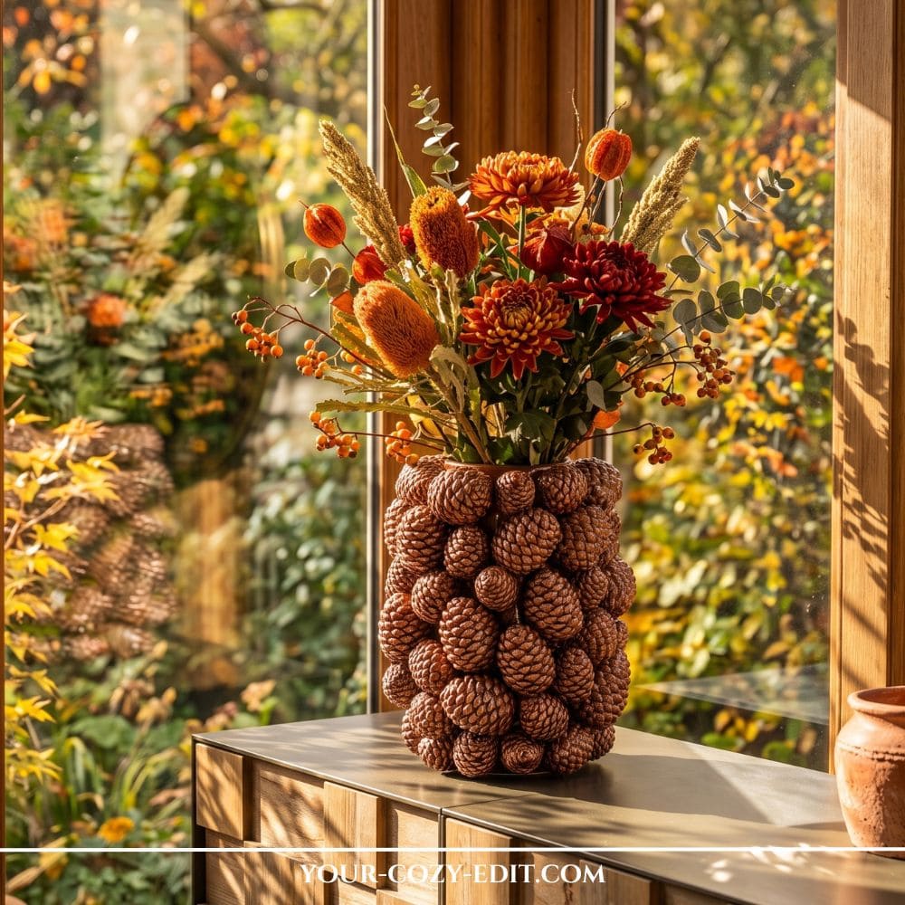 A DIY textured pinecone vase filled with a lush autumn flower arrangement including orange mums, dried grasses, and berry branches, placed on a wooden console table by a sunny window with golden fall light.