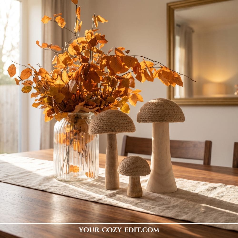 Three DIY minimalist wooden mushrooms with jute twine wrapped caps displayed on a linen runner on a dining table, next to a fluted glass vase with orange fall leaves.