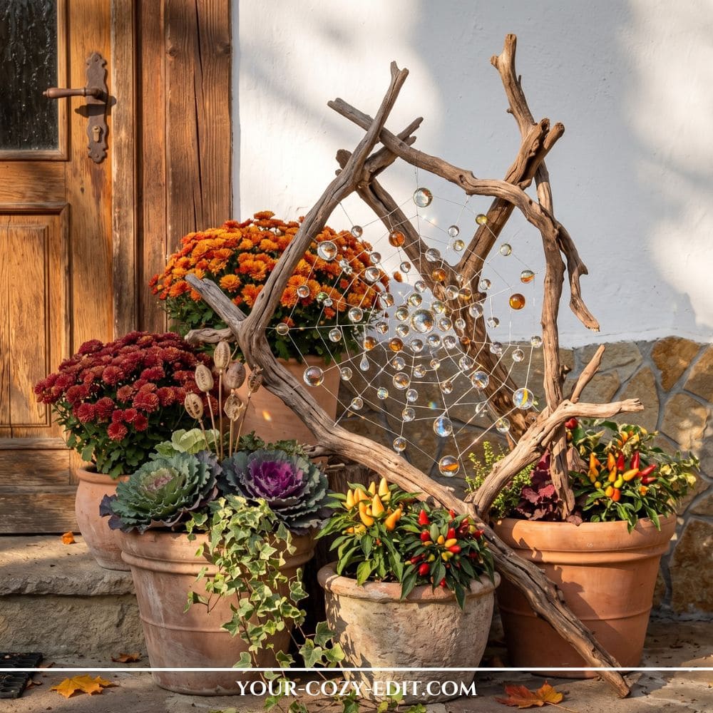 A large DIY driftwood spider web art piece decorated with sparkling clear glass beads acting as dewdrops, styled on a rustic front porch surrounded by terracotta pots filled with colorful autumn mums, ornamental peppers, and kale.