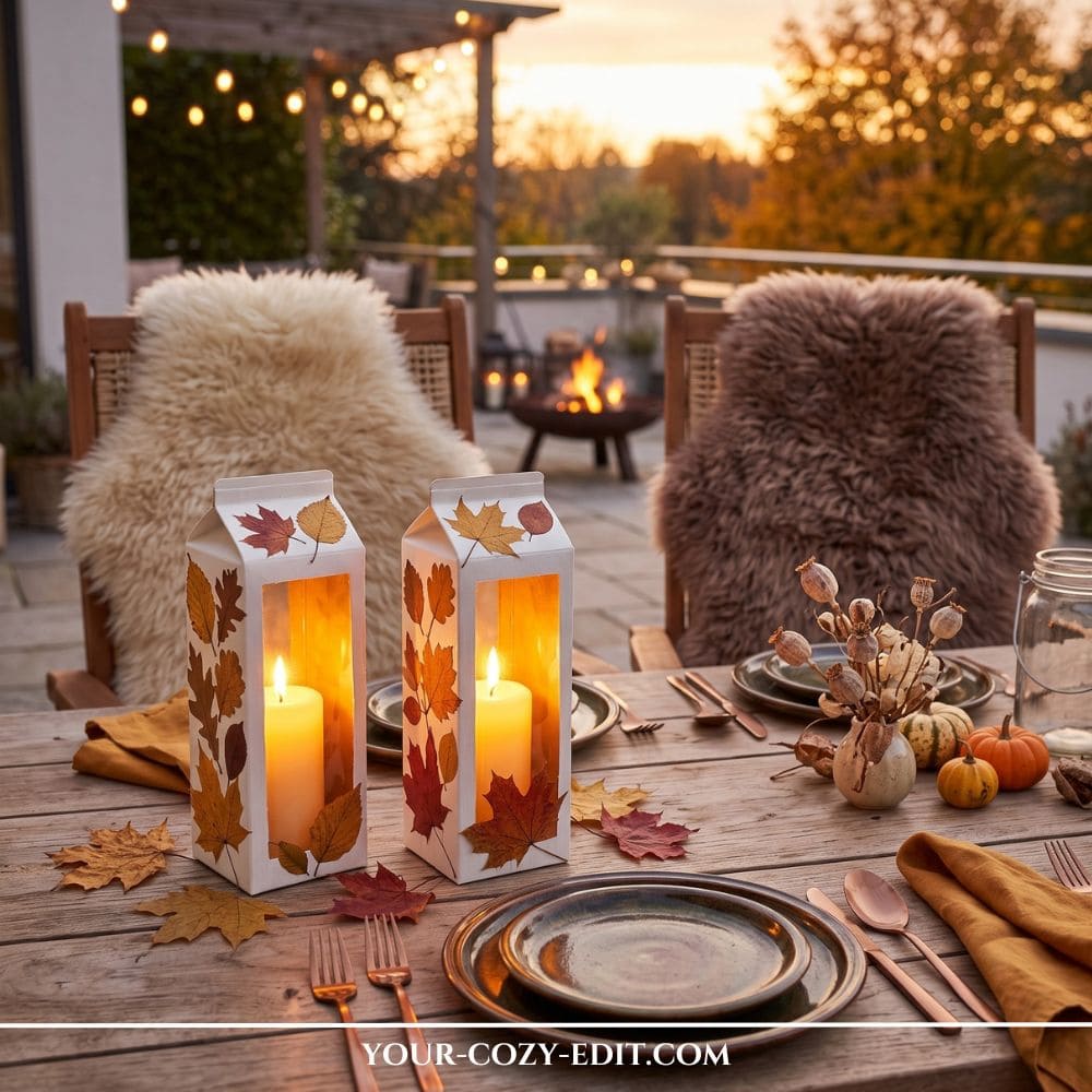 Two DIY upcycled milk carton lanterns painted white and decorated with autumn leaves, glowing with lit candles inside on an outdoor wooden dining table set for fall.