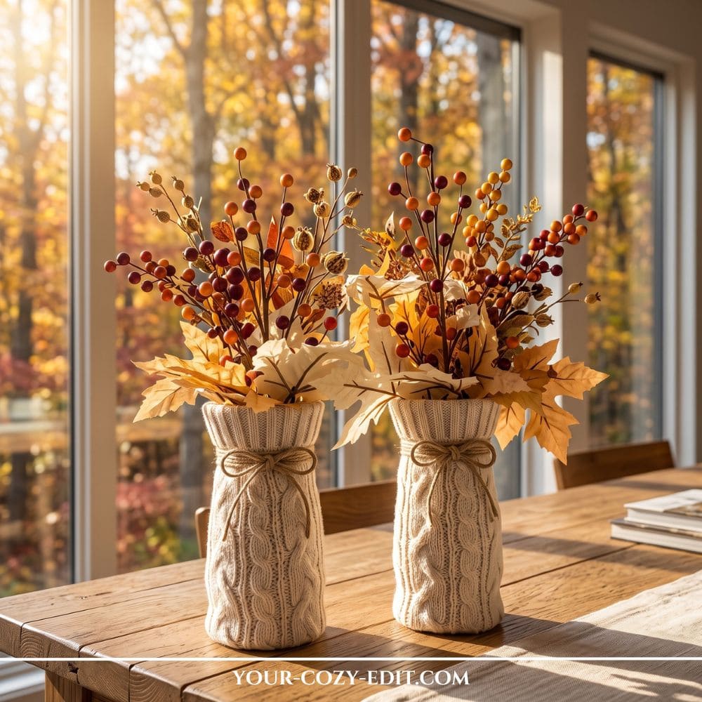 Two DIY cozy cream cable-knit sweater vases tied with jute twine bows, filled with autumn leaves and berry branches on a wooden dining table in front of a sunny window with fall foliage.