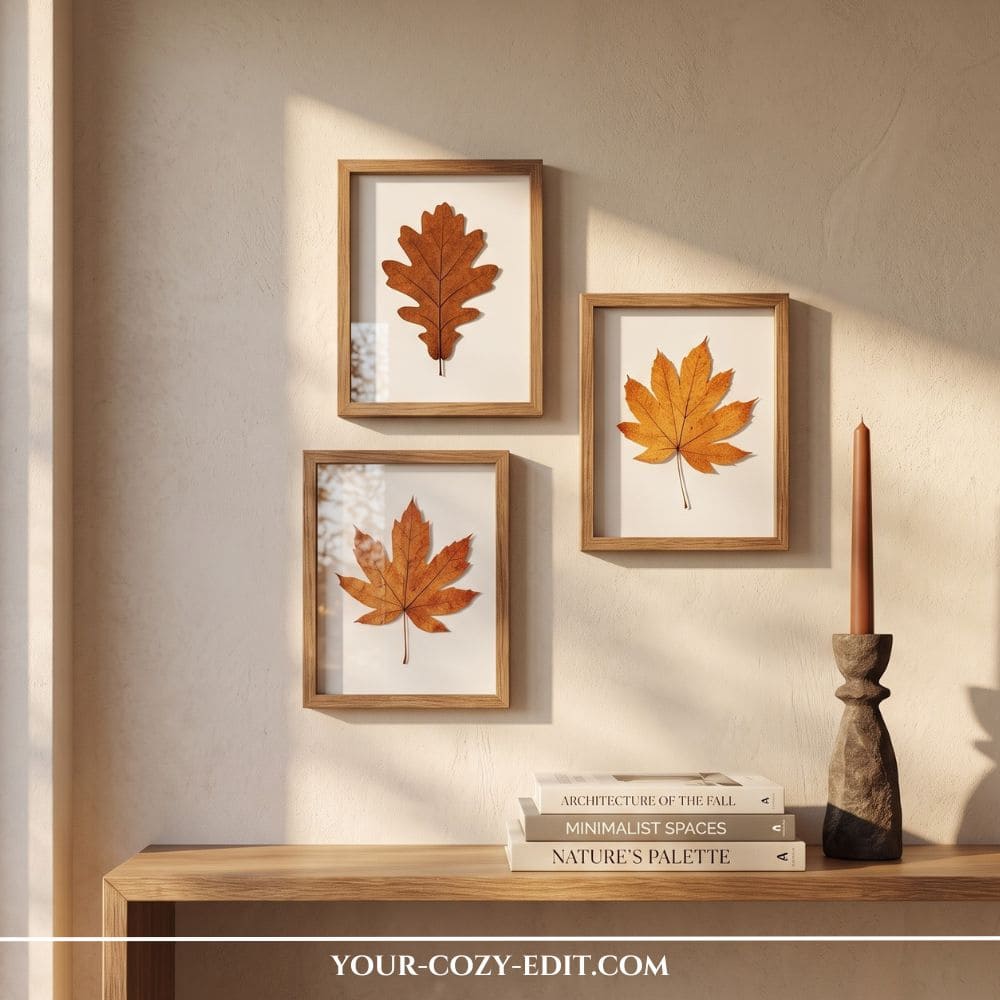 A modern organic gallery wall featuring a trio of framed pressed autumn leaves (oak and maple) in light wood frames, styled above a wooden console table with stacked design books and a brown taper candle as a DIY Fall Decor Idea.