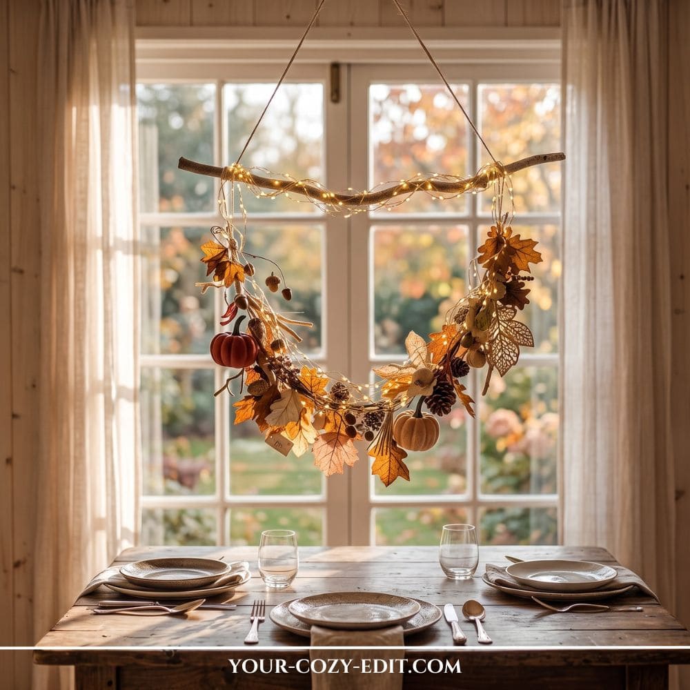 A cozy dining room scene featuring a DIY hanging branch chandelier decorated with autumn leaves, mini pumpkins, and glowing fairy lights, suspended over a set wooden dining table in front of a bright window.