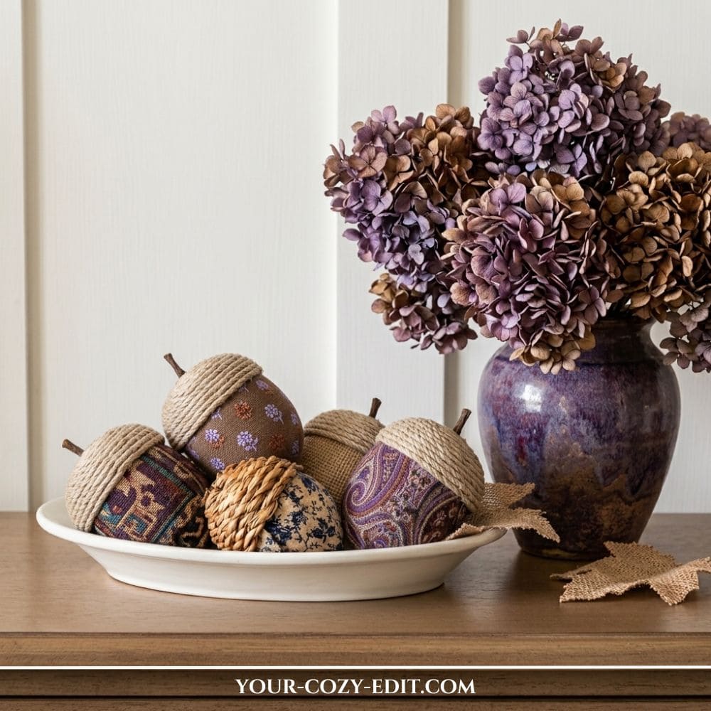 A white ceramic bowl filled with handmade decorative acorns covered in vintage patterned fabrics like paisley and brocade with thick rope caps, displayed next to a purple ceramic vase with dried hydrangeas on a wooden table.