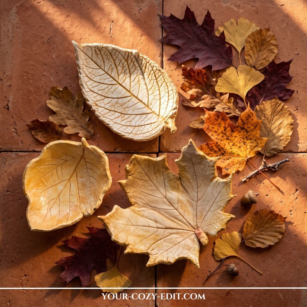 A flat lay of three handmade leaf-shaped air-dry clay trinket dishes in warm earth tones, arranged with real colorful autumn leaves and acorns on a terracotta tile surface.