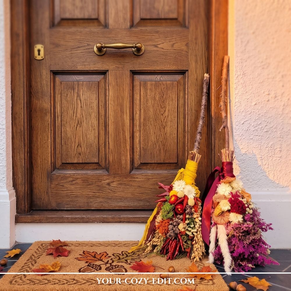 Two decorative DIY cinnamon-style witches' brooms adorned with colorful dried flowers, wheat, and velvet ribbons, leaning against a rustic wooden front door next to a fall doormat.