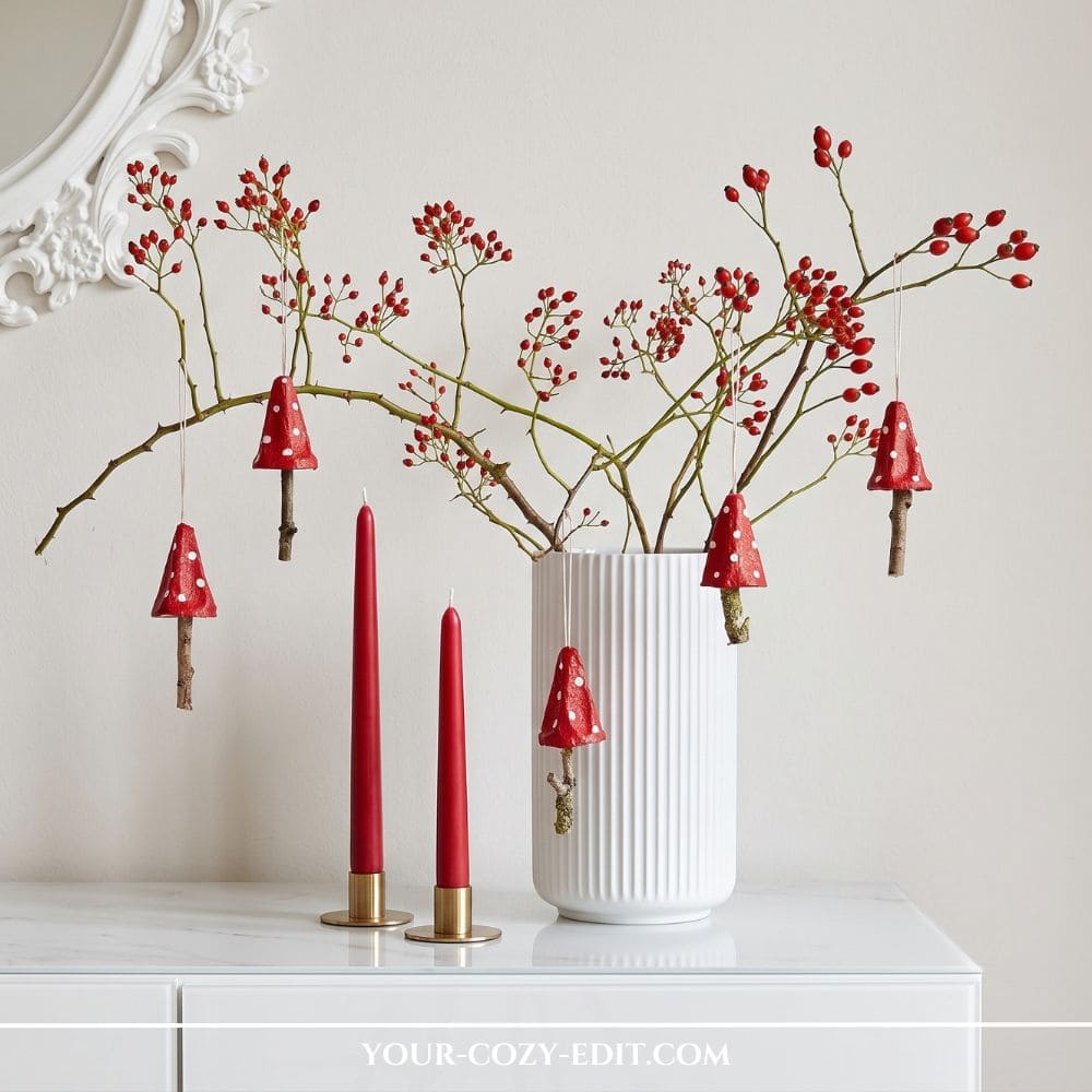 DIY Fall Decor Ideas: Five handmade red egg carton toadstool ornaments hanging from rosehip branches in a modern white ribbed vase, styled next to red taper candles on a white sideboard for a cozy fall display.