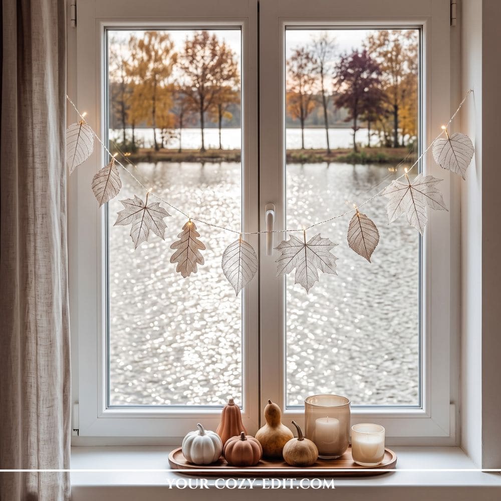 A cozy fall window display featuring a DIY skeleton leaf fairy light garland hanging across the glass, with a wooden tray of mini pumpkins and candles on the windowsill overlooking a lake with autumn trees as organic modern fall decor.