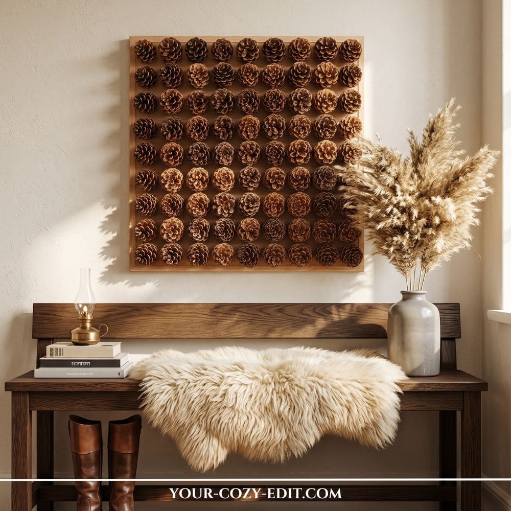 A large square DIY geometric pinecone wall art installation framed in light wood, hanging above a rustic wooden entryway bench styled with a fluffy sheepskin rug, a brass lamp, and a vase of tall pampas grass.