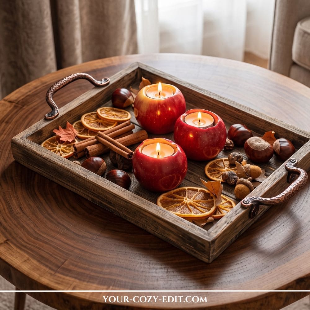 A rustic wooden tray centerpiece filled with three red apple tealight candles lit and glowing, surrounded by dried orange slices, cinnamon sticks, chestnuts, and acorns on a wooden coffee table.