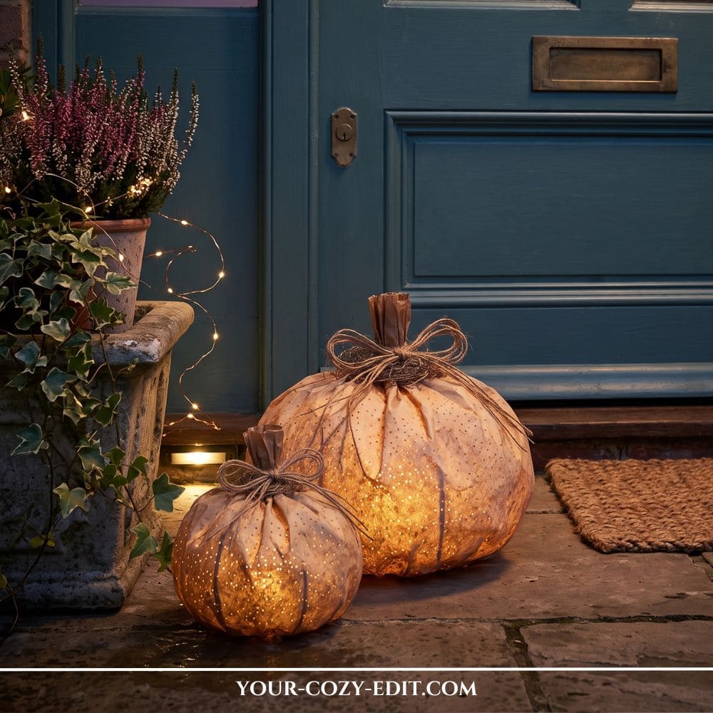 Two glowing DIY pumpkins made from crinkled brown paper bags with tiny pinholes, lit from within by LED candles on a stone front porch next to a teal door and potted heather as organic modern fall decor.
