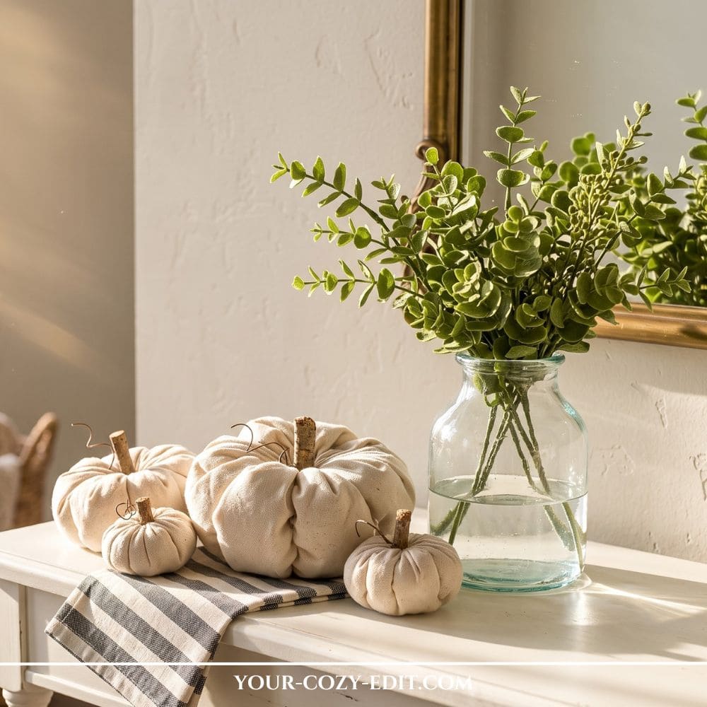 Four handmade minimalist beige fabric pumpkins arranged on a white console table next to a glass vase with green eucalyptus branches, showcasing a cozy DIY no-sew fall decor idea.