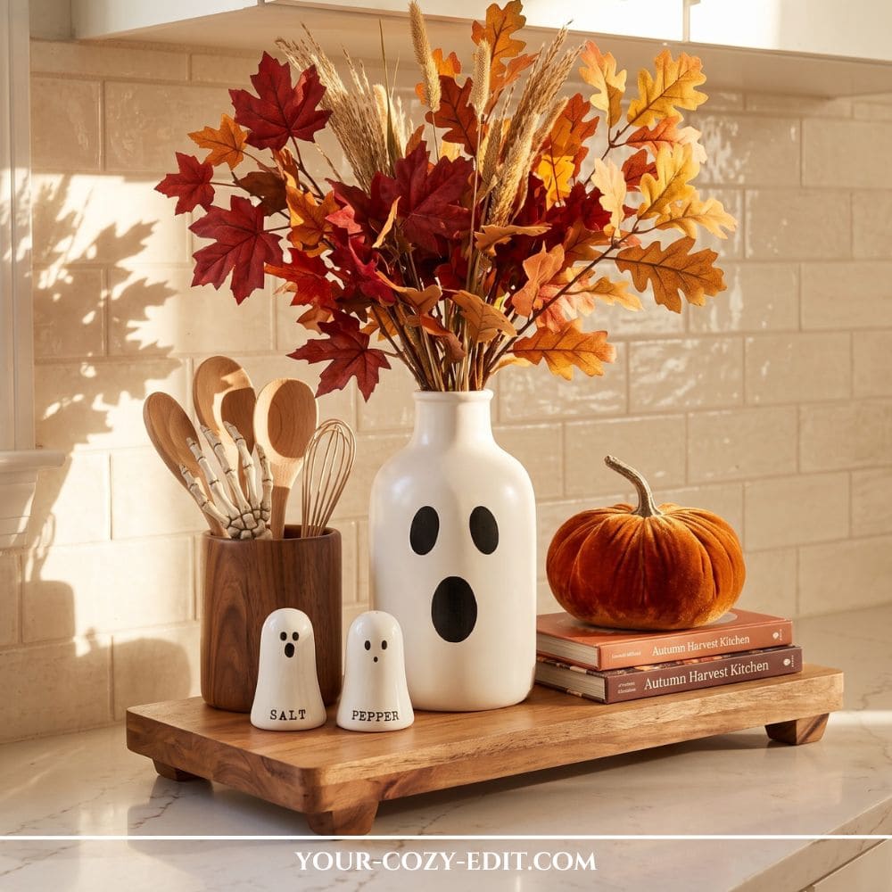 An aesthetic Halloween kitchen counter styling display. A white ceramic vase with a DIY drawn black ghost face is filled with red and orange autumn leaves on a wooden riser tray. Next to it sit ghost salt and pepper shakers, a wooden utensil holder with a decorative skeleton hand, and a textured orange velvet pumpkin stacked on fall cookbooks.