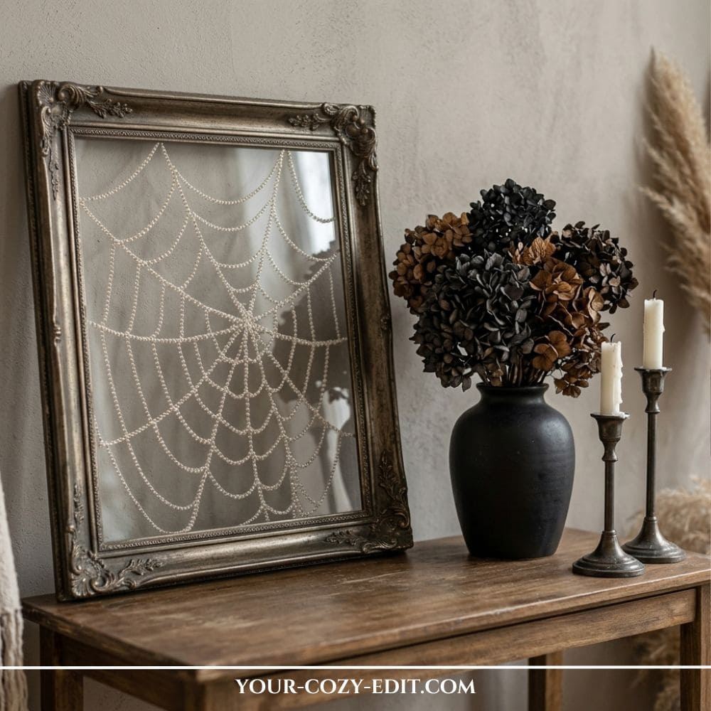 An aesthetic Cottagecore Halloween DIY display on a wooden console table. An ornate vintage gold baroque frame features a delicate spiderweb made of white pearls over the glass. Next to the frame sits a matte black vase filled with dark, dried hydrangeas and two antique silver metal candlesticks with lit white candles.