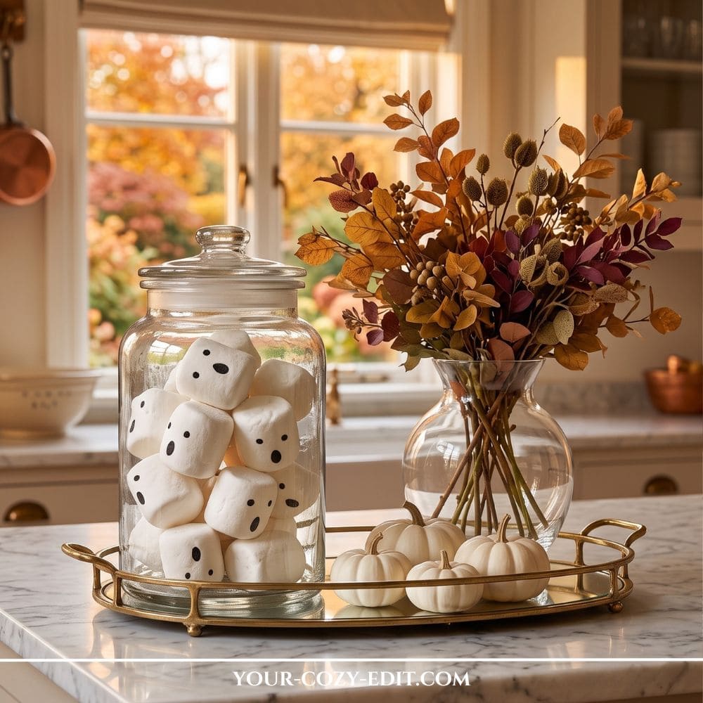 An aesthetic Halloween kitchen decor setup on a marble countertop. A large glass apothecary jar is filled with white marshmallows decorated with cute DIY ghost faces. The jar sits on a mirrored gold tray next to miniature white pumpkins and a clear vase with warm brown and orange autumn leaves, with a sunny window in the background.