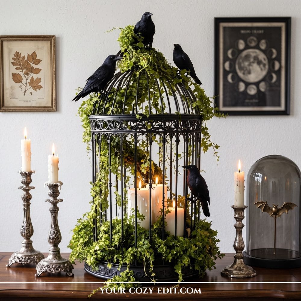 A moody Dark Academia Halloween decor setup featuring a large black metal birdcage wrapped in green ivy. Inside the cage, white pillar candles are lit, surrounded by three faux black ravens perched on top and sides. The arrangement sits on a wooden sideboard next to antique silver candlesticks and a glass cloche with a bronze bat.