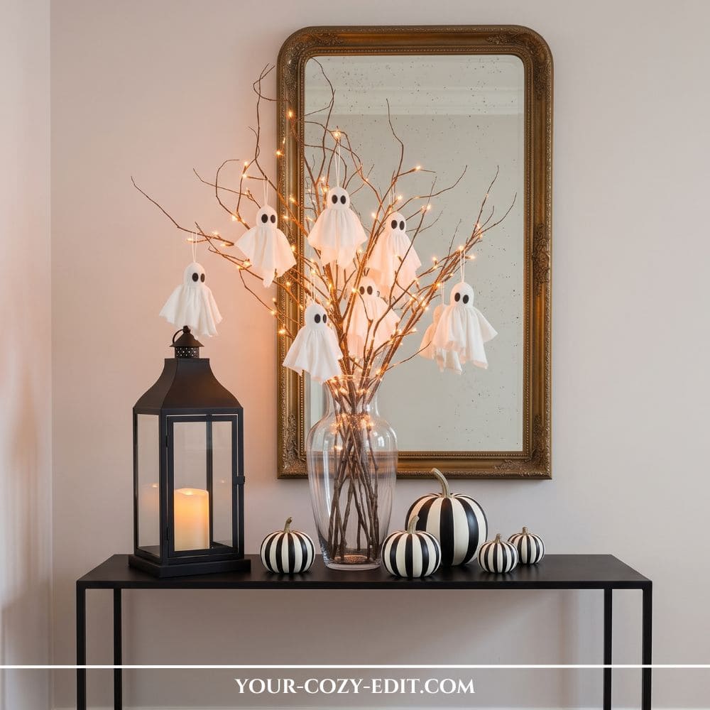An aesthetic Halloween console table styling. A clear glass vase holds branches decorated with fairy lights and DIY floating white tissue ghosts. The setup is arranged on a black metal console table in front of a large vintage ornate gold mirror, flanked by a matte black lantern with a lit candle and a collection of chic black and white striped pumpkins.