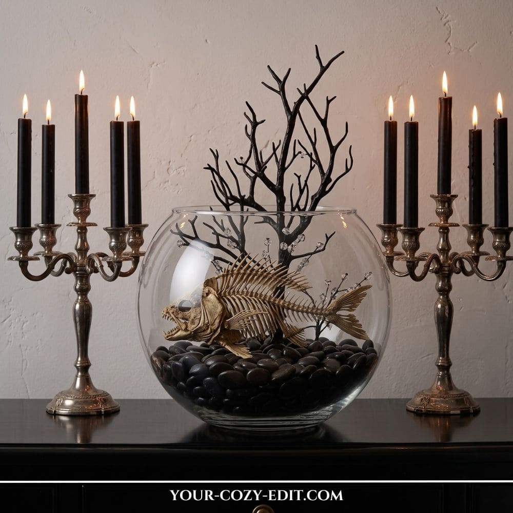 An aesthetic Gothic chic Halloween decor display on a dark console table. A large round glass fishbowl is filled with smooth black river stones, a gold-toned faux fish skeleton, and a black decorative branch. The centerpiece is symmetrically flanked by two vintage silver candelabras holding lit matte black taper candles.