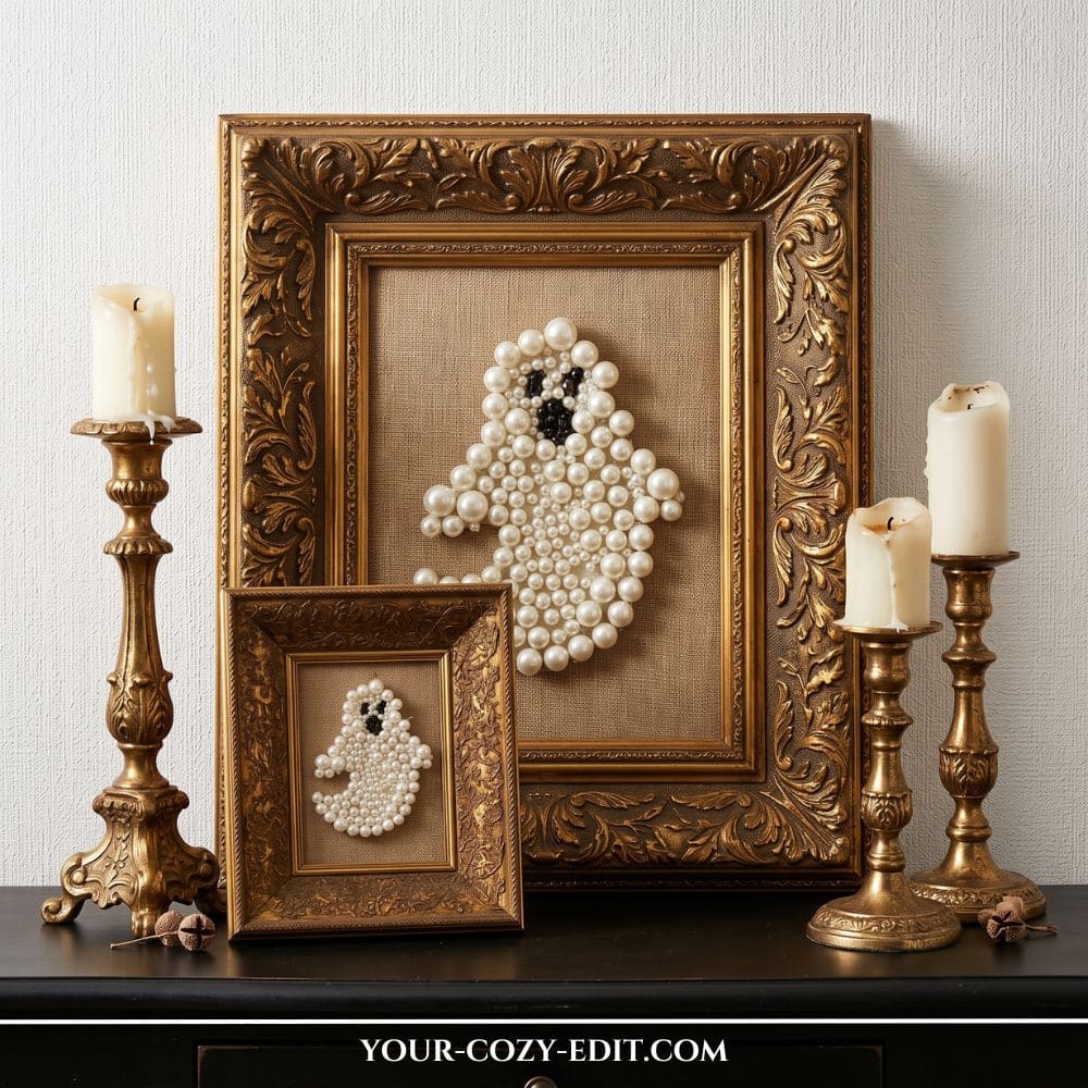 An aesthetic Victorian Gothic Halloween decor display. Two ornate vintage gold frames in different sizes feature DIY ghosts crafted from glossy white pearls on a rustic burlap backing with small black beads for faces. The framed art is styled on a dark surface next to classic antique brass candlesticks with lit cream candles.