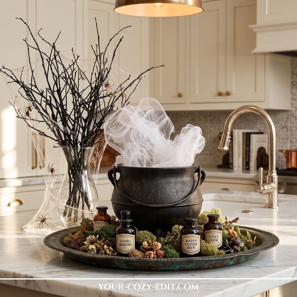 An aesthetic Halloween kitchen decor centerpiece on a marble countertop. A black cast iron cauldron sits on a rustic green-patina metal tray, filled with white tulle smoke and surrounded by green moss, dried botanicals, and dark apothecary potion bottles. Next to it, a clear vase holds black twigs with faux spiderwebs and small spiders.
