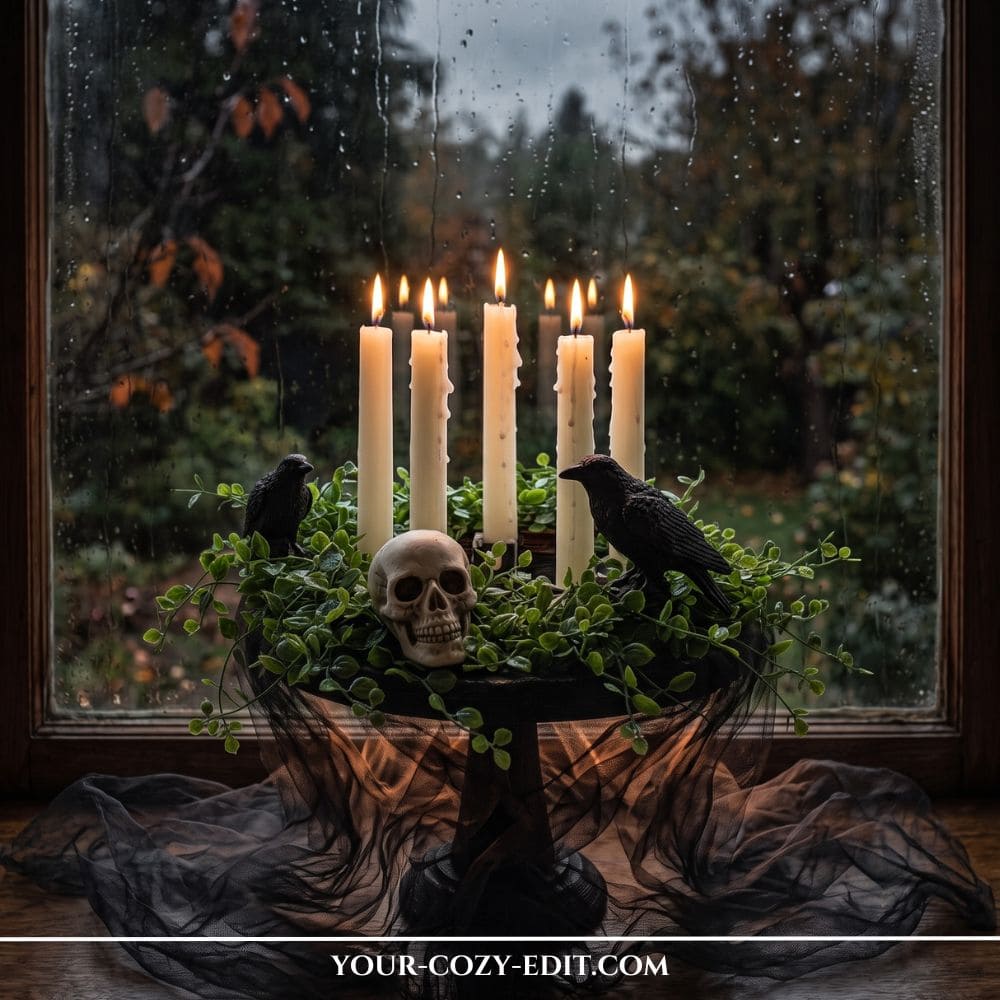 A moody Halloween decor setup on a dark wooden cake stand placed on a windowsill with a rainy window in the background. The centerpiece features a green wirevine wreath with lit white taper candles, a small decorative skull, and two faux black ravens. Black tulle is elegantly draped around the base of the stand.