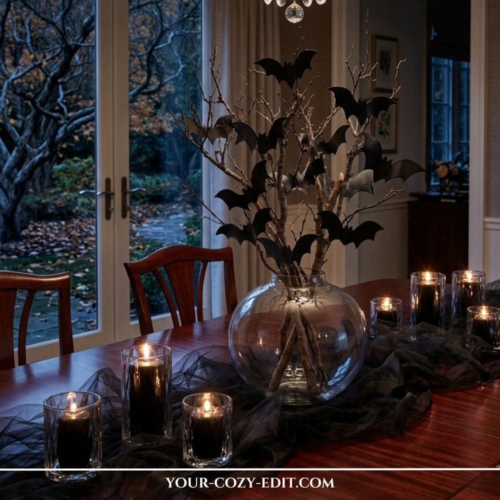 An aesthetic Halloween dining table centerpiece featuring a large round glass vase filled with rustic branches and DIY black paper bats. The wooden table is styled with a moody black tulle runner and multiple black pillar candles lit inside clear glass hurricane holders, set against a large window at dusk.