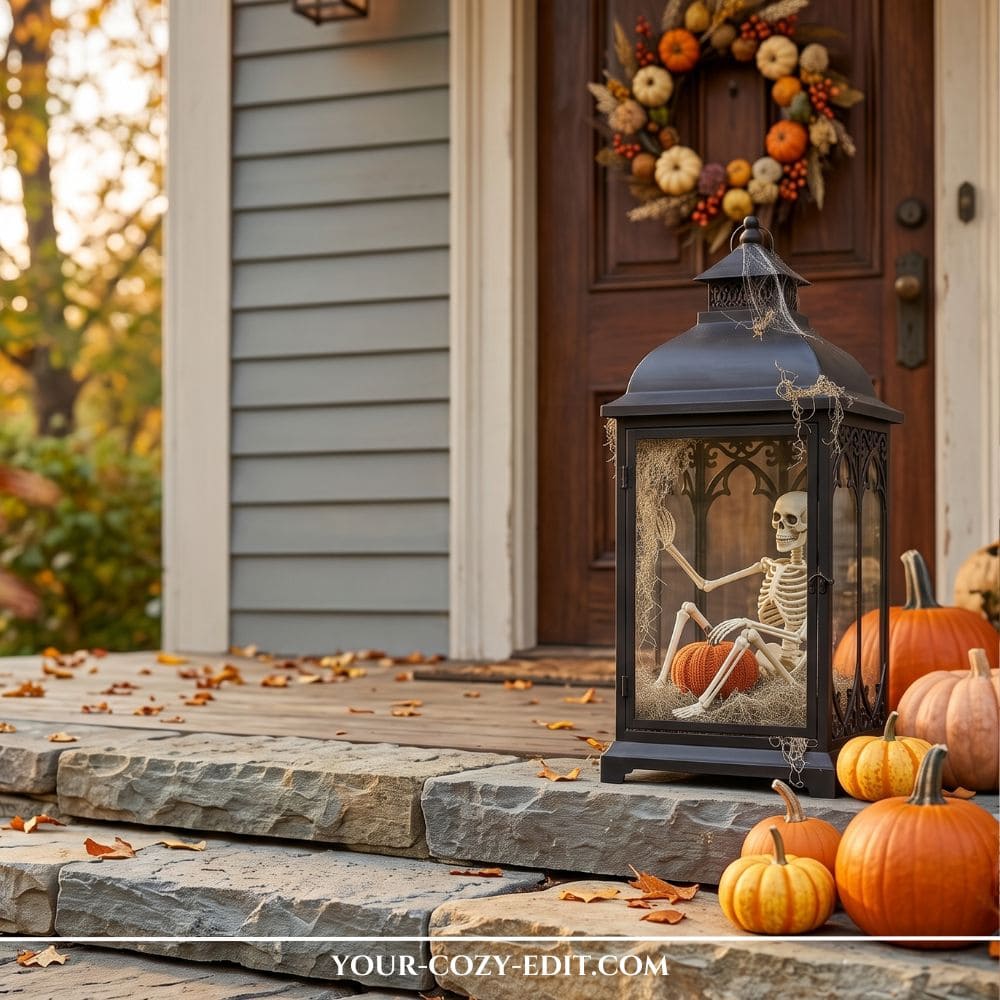 An aesthetic Halloween front porch decor setup. A large black vintage metal lantern with gothic arch panes sits on stone steps, featuring a small decorative skeleton inside surrounded by Spanish moss and holding a mini pumpkin. The entryway is styled with assorted orange pumpkins, fall leaves, and a rustic autumn pumpkin wreath on the wooden front door.