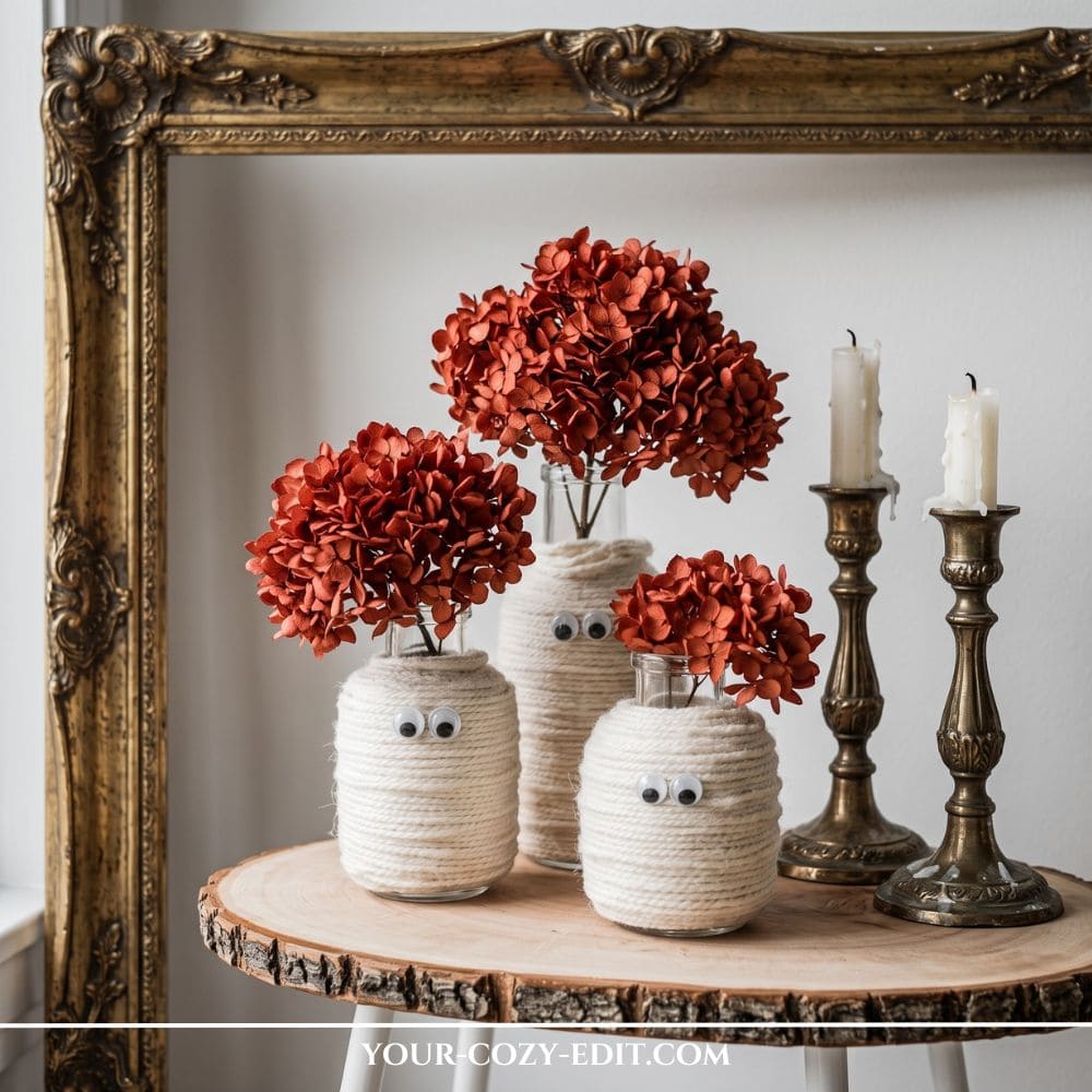 Three DIY aesthetic Halloween mummy vases made from upcycled glass jars wrapped in cream macrame cord with googly eyes. The vases are filled with dried terracotta hydrangeas, styled on a rustic wood slice table next to vintage brass candlesticks.