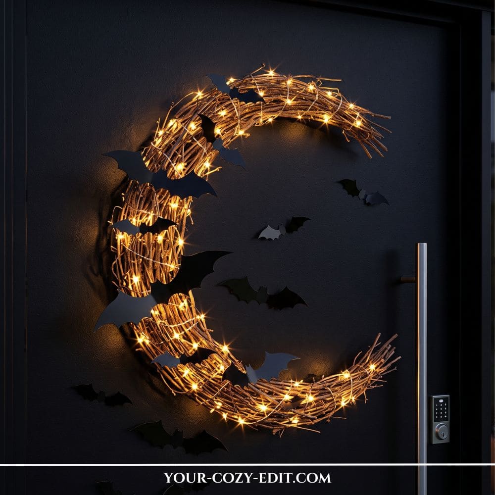 An aesthetic modern Halloween front door decor setup. A large crescent moon wreath crafted from rustic willow twigs and wrapped in warm white glowing fairy lights hangs on a matte black front door. Small decorative matte black bats are styled on the wreath and the door, appearing to fly into the night.