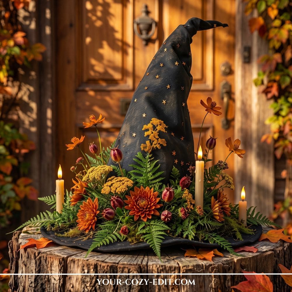 An aesthetic botanical Halloween decor setup. A black witch hat with small gold stars sits on a rustic wooden tree stump, decorated on the brim with green moss, fern leaves, and orange autumn flowers like dahlias and yarrow. Lit cream-colored taper candles are tucked into the floral arrangement in front of a warm wooden door.