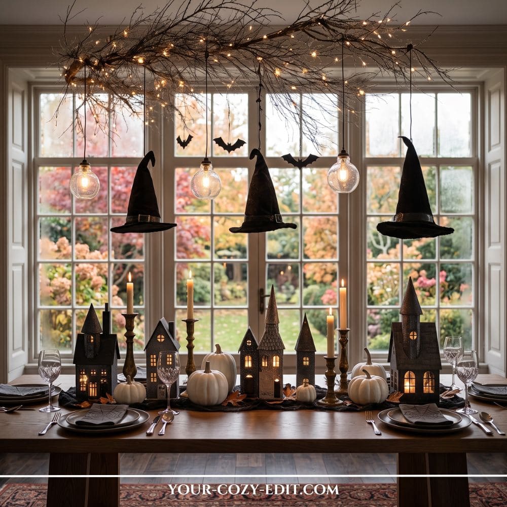 An elegant Hogwarts-inspired Halloween tablescape featuring a rustic branch hanging over a wooden dining table. The branch is decorated with fairy lights, floating black witch hats, and small bats. The table is styled with white pumpkins, lit miniature houses, brass candlesticks, and sophisticated place settings in front of a large window.