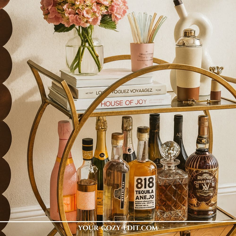 round gold arch bar cart styled with stacked coffee table books, a vase of pink flowers, colorful glass straws, ceramic vase, and liquor bottles including 818 tequila