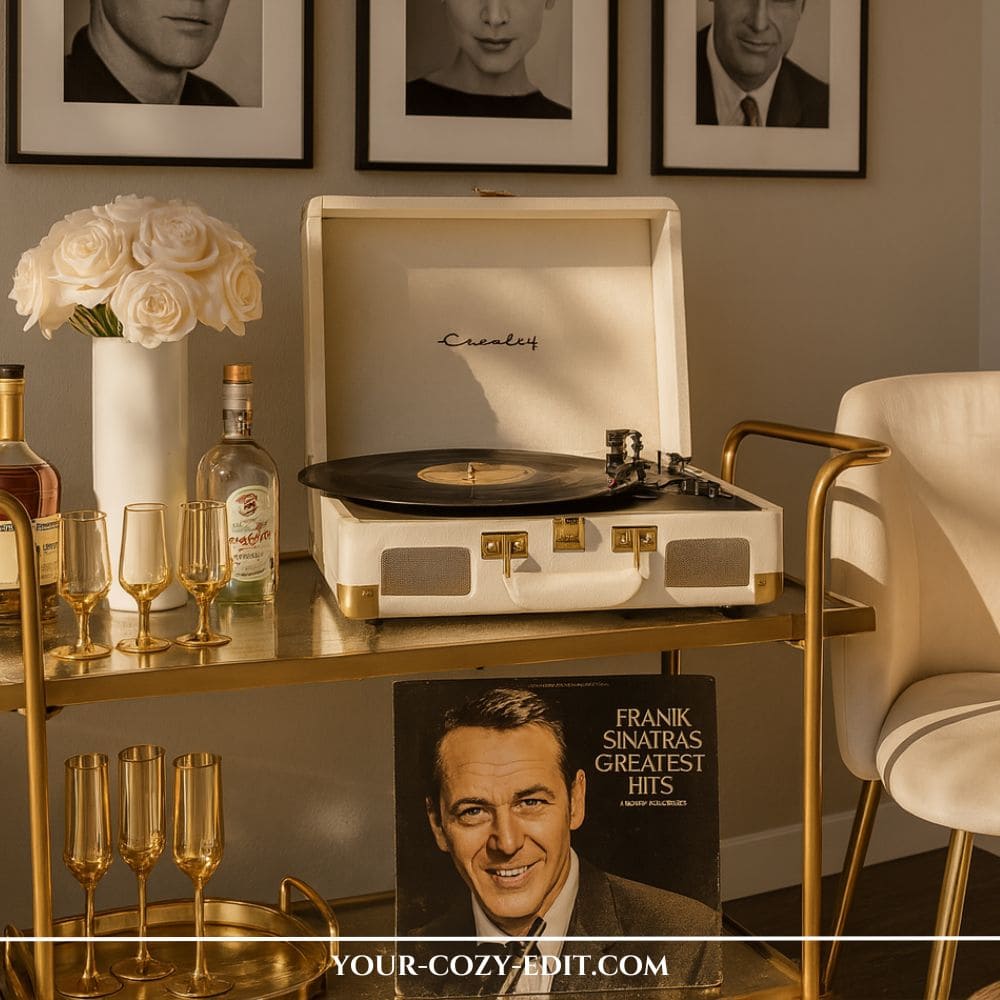 gold metal bar cart styled with a cream Crosley suitcase record player, a Frank Sinatra vinyl album cover on display, gold champagne flutes, white roses in a tall vase, and framed black and white portraits on the wall