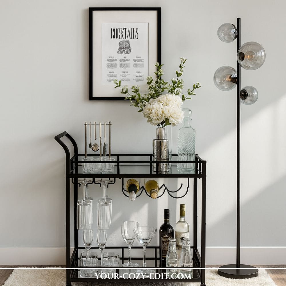 modern black metal bar cart styled with white flowers in a vase, glass decanter, hanging wine glasses, framed cocktail recipe art, and a black globe floor lamp