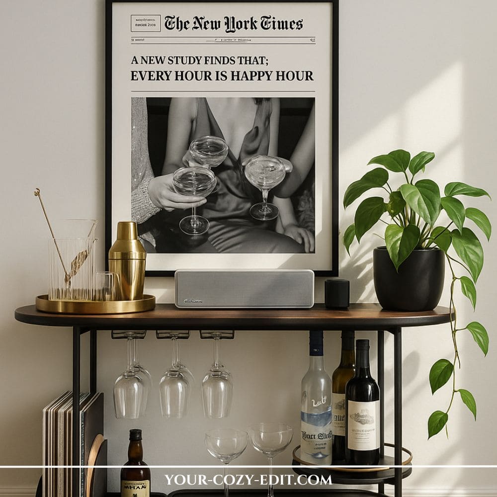 dark wood and black metal bar cart styled with a framed black and white New York Times newspaper poster, gold cocktail shaker, small bluetooth speaker, potted green plant, and hanging champagne coupes
