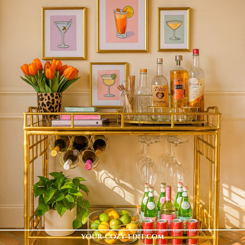 gold faux-bamboo bar cart styled with orange tulips in a leopard print vase, a gallery wall of framed colorful cocktail illustrations, liquor bottles, hanging wine glasses, and a glass bowl of fresh lemons and limes